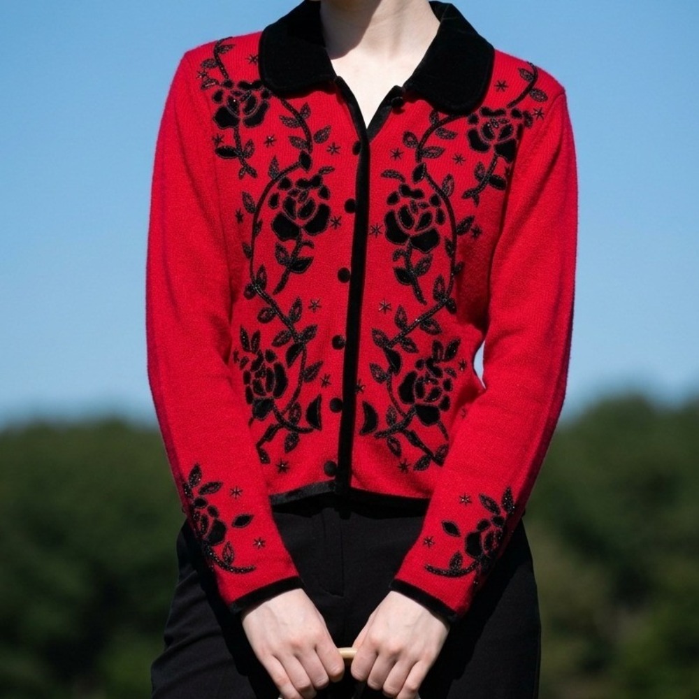 Work in Progress Red Knit Cardigan Black Velvet Floral Beaded Button Up Medium